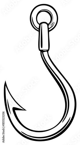 Black and white outline drawing of a classic fishing hook, angling equipment for sport and hobby