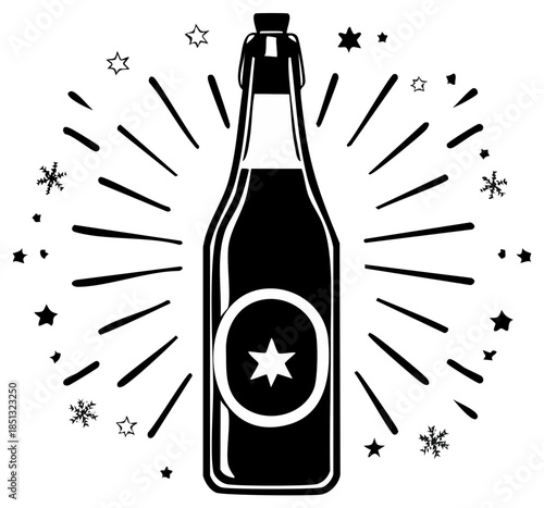Black bottle with cork and star burst and snowflakes illustration