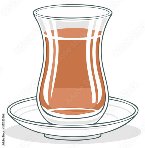 Clear glass cup filled with amber colored liquid on a saucer illustration