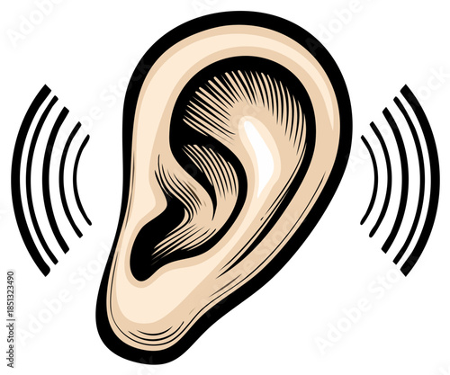 Human ear with sound waves graphic concept of hearing audio perception communication