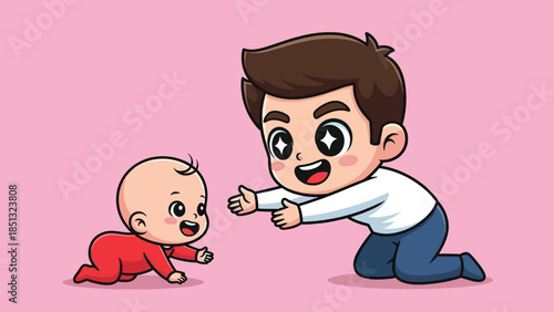 Happy cartoon father playing with his crawling baby.