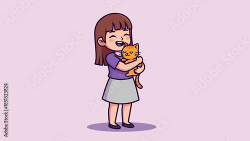 Happy Cartoon Girl Hugging a Cute Orange Cat Illustration.