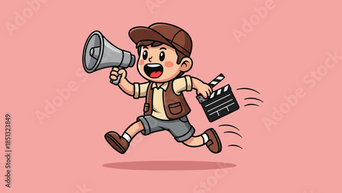 Happy Cartoon Boy Running with Megaphone and Film Clapperboard.