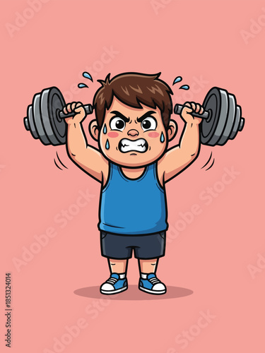 Sweating cartoon boy lifting heavy dumbbells with effort.