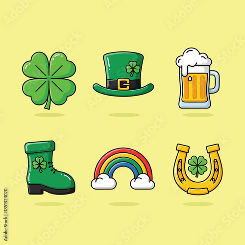 Vibrant St Patricks Day Cartoon Icons Set Clover Hat Beer Boot Rainbow Horseshoe.