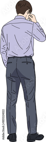 Back View of Professional Man Wearing Lavender Button Down Shirt and Grey Formal Trousers for Business Fashion cad drawing flat vector illustration