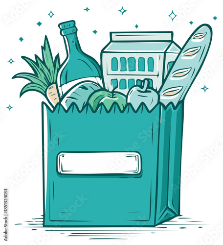 Hand-drawn Teal Grocery Bag Filled with Fresh Produce, Baguette, Milk Carton, and Bottle, Sparkling Design