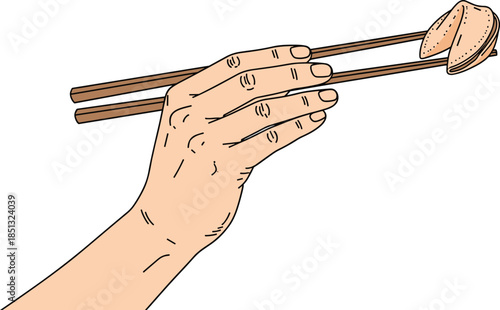 Close Up of Hand Holding Wooden Chopsticks Picking Up a Fortune Cookie for Chinese Food Concept CAD Drawing Flat Vector Illustration