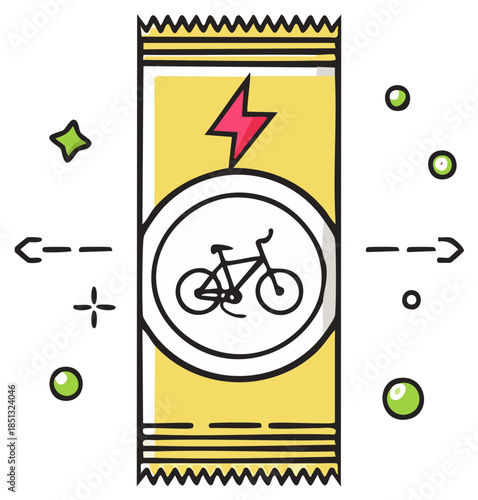 Bike Energy Gel Illustration Featuring Power Symbol and Bicycle Icon with Abstract Graphic Elements