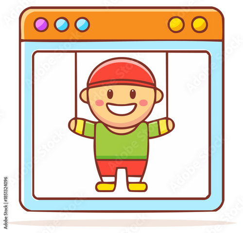 Cartoon Character Puppet Show in Frame Smiling Boy with Strings Displayed as Marionette Toy