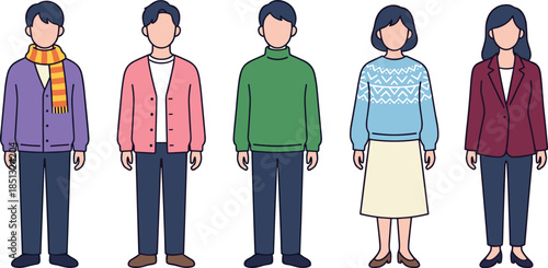 Collection of Diverse Men and Women Wearing Seasonal Winter and Spring Outfits Including Cardigans Sweaters and Blazers cad drawing flat vector illustration