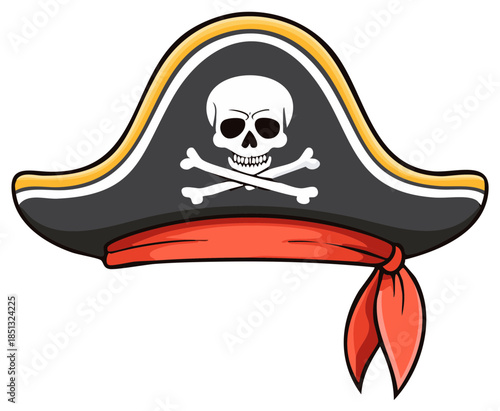 Pirate Tricorne Hat with Skull and Crossbones Emblem and Red Bandana