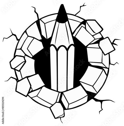 Creative pencil bursting through cracked circle symbolizing breakthrough and innovation