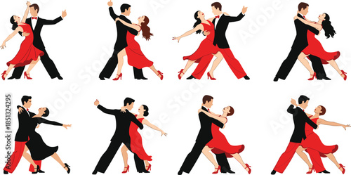 Collection of Professional Ballroom Dancers Performing Passionate Tango and Latin Dance Poses in Flat Vector Illustration Fashion CAD Drawing