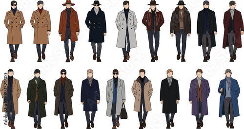 Collection of Stylish Men Wearing Winter Overcoats and Trench Coats in Various Colors and Styles for Autumn Fashion CAD Drawing Flat Vector Illustration