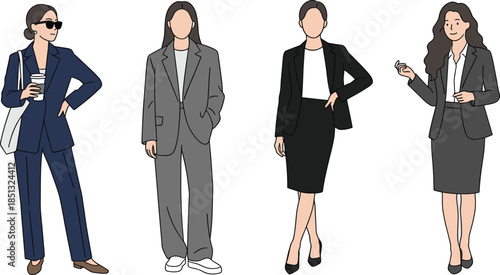 Collection of Professional Women Wearing Modern Business Suits and Formal Office Attire in Navy Grey and Black Fashion CAD Drawing Flat Vector Illustration