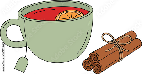 Cup of Hot Herbal Tea with Orange Slice and Cinnamon Sticks for Cozy Winter Beverage Concept cad drawing flat vector illustration