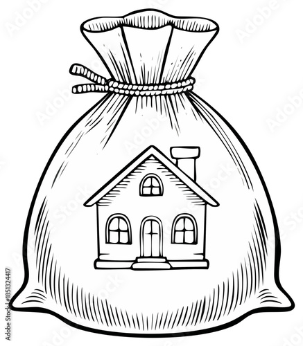 House investment concept illustration featuring a house inside a money bag representing real estate investments and savings for home ownership