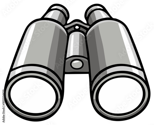 Illustration of silver binoculars for seeing distance. Exploration, adventure, surveillance and optical devices. Discoveries, navigation tools for travel.