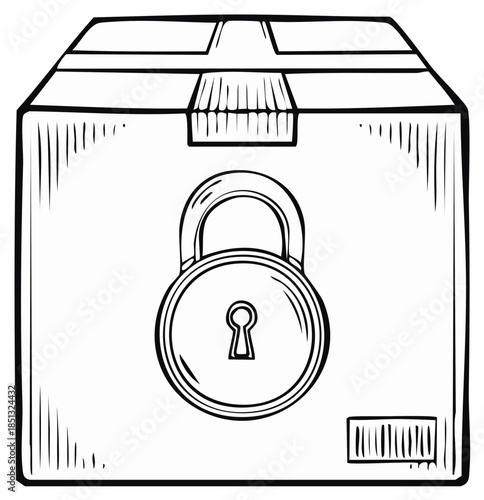 Secured cardboard box with a vintage padlock and barcode