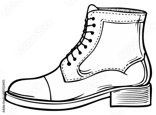 Detailed black and white line art illustration of a classic sturdy lace up boot with a cap toe