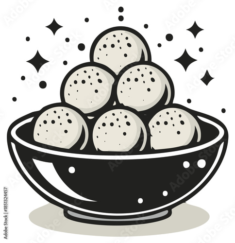 Cartoon illustration of a bowl filled with tasty cream-colored spherical snacks
