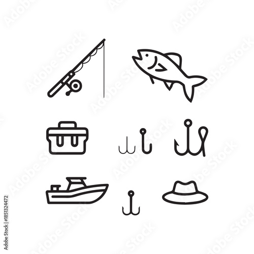 Fishing Gear Icon Set: Minimalist Vector Illustration of Rods, Fish, Hooks, and Tackle Box