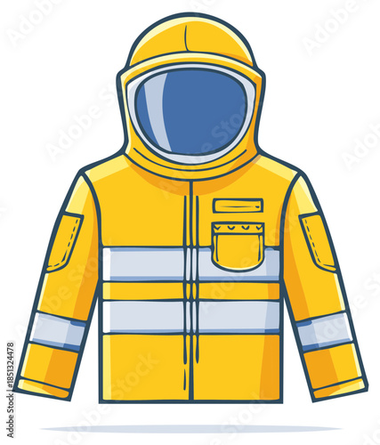 Cartoon illustration of a yellow hazmat suit with a protective hood and face shield for safety.
