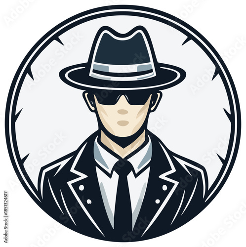 Mysterious Man in Suit, Hat, and Sunglasses Symbol | Secret Agent, Detective, or Bodyguard Logo