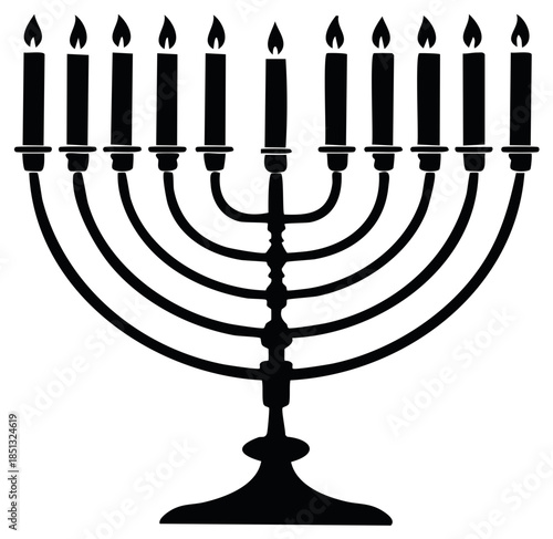 Black silhouette of a nine branched menorah with lit candles