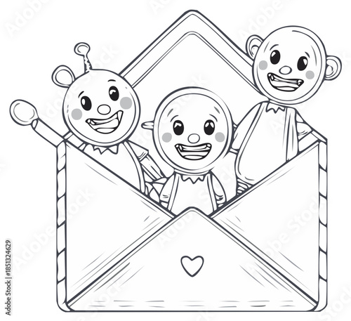 Cute cartoon characters popping out from an envelope