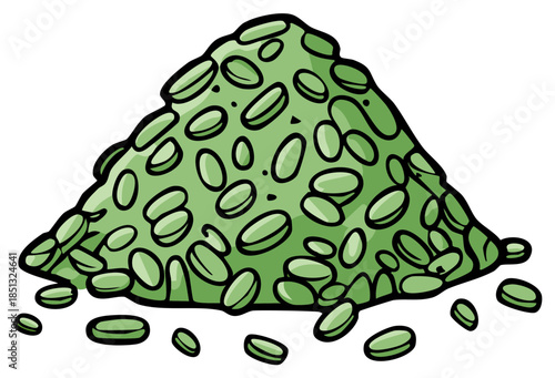 Illustration of a pile of green oval shapes, possibly representing beans or seeds.