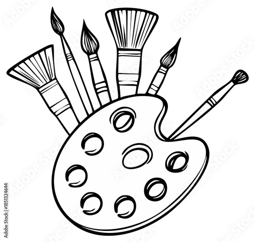 Artist's Palette With Variety of Paint Brushes Ready for Creative Work