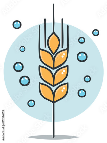 Stylized golden wheat stalk and blue bubbles illustration for brewing or beverage logo