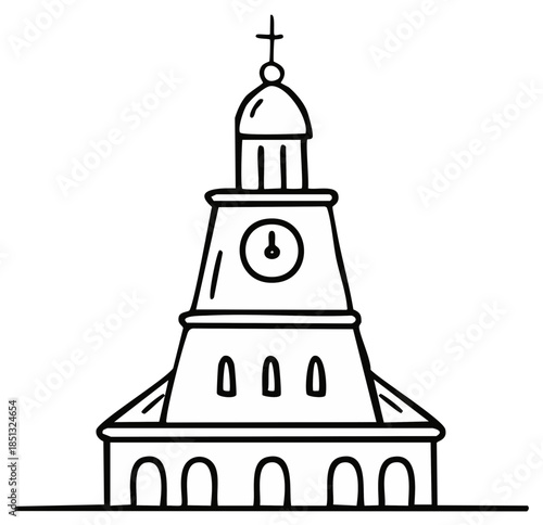 Black outline vector drawing of a traditional church tower, featuring a prominent clock face and Christian cross symbol at its peak. Architectural icon illustration.