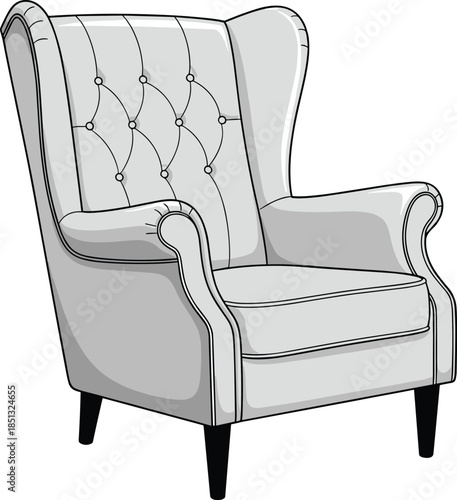 Elegant Classical Wingback Armchair with Tufted Button Details and Modern Black Legs for Luxury Interior Design Flat Vector Illustration CAD Drawing