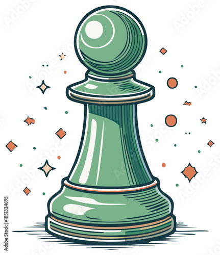 Stylized Chess Pawn Illustration with Decorative Elements in Green and Orange