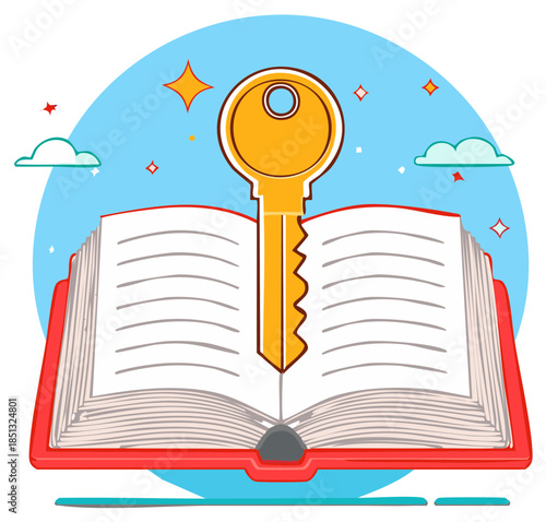 Illustration of an Open Book with a Key Standing Upright Symbolizing Unlocking Knowledge and Wisdom with Clouds and Stars