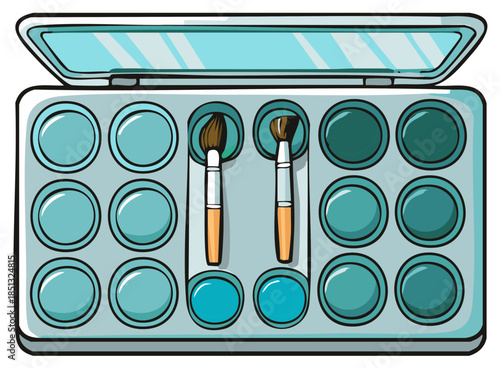 Open cosmetic eyeshadow palette with applicators and a variety of blue and green colors displayed