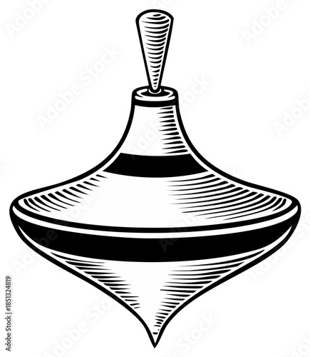 Detailed Engraved Illustration of a Wooden Spinning Top Toy Traditional Childhood Pastime, Vintage Design Isolated