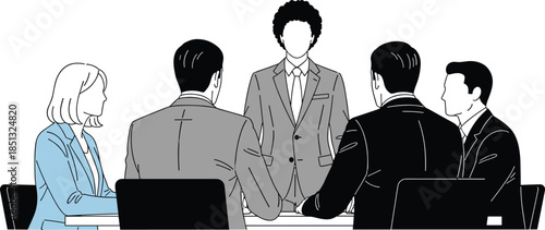 Professional Corporate Business Team Having Formal Meeting Around Office Conference Table in Flat Vector Illustration Fashion CAD Drawing