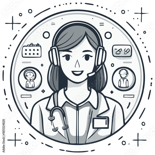 Female doctor operator with headset, stethoscope, digital calendar, patient consultation icon illustration