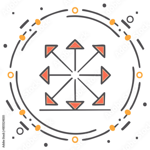 Eight directional arrows radiating from center within decorative circle graphic