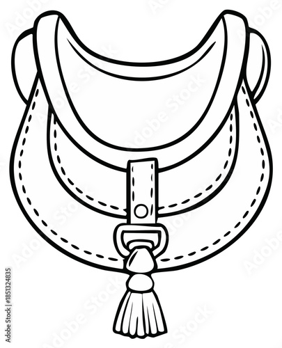 Hand drawn outline of a stylish saddle bag with a tassel detail and strap