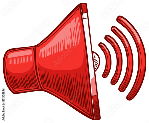 Hand drawn red loudspeaker icon emitting sound waves vector illustration