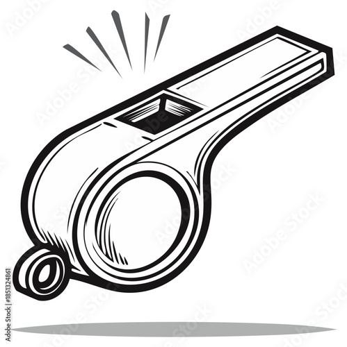 Black and white illustration of a whistle, sports equipment, tool, referee equipment, sport competition, sports accessory, umpire