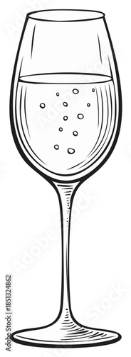 Black and white line art illustration of a bubbling champagne flute glass filled with sparkling wine, elegant sketch