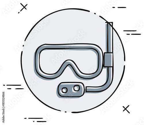 Hand-drawn diving mask and snorkel icon with sketchy elements in a circle