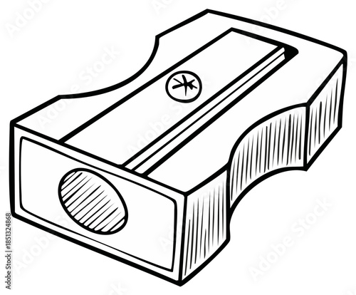 Ink drawing of a pencil sharpener, with bold lines and a simple design, school supply