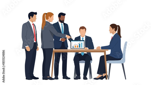 Diverse business team collaborating around a table with a laptop and data charts